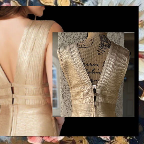 Bebe Foiled Bandage Plunge Neck Cutout Bodycon Midi Dress Size XL - Picture 6 of 11